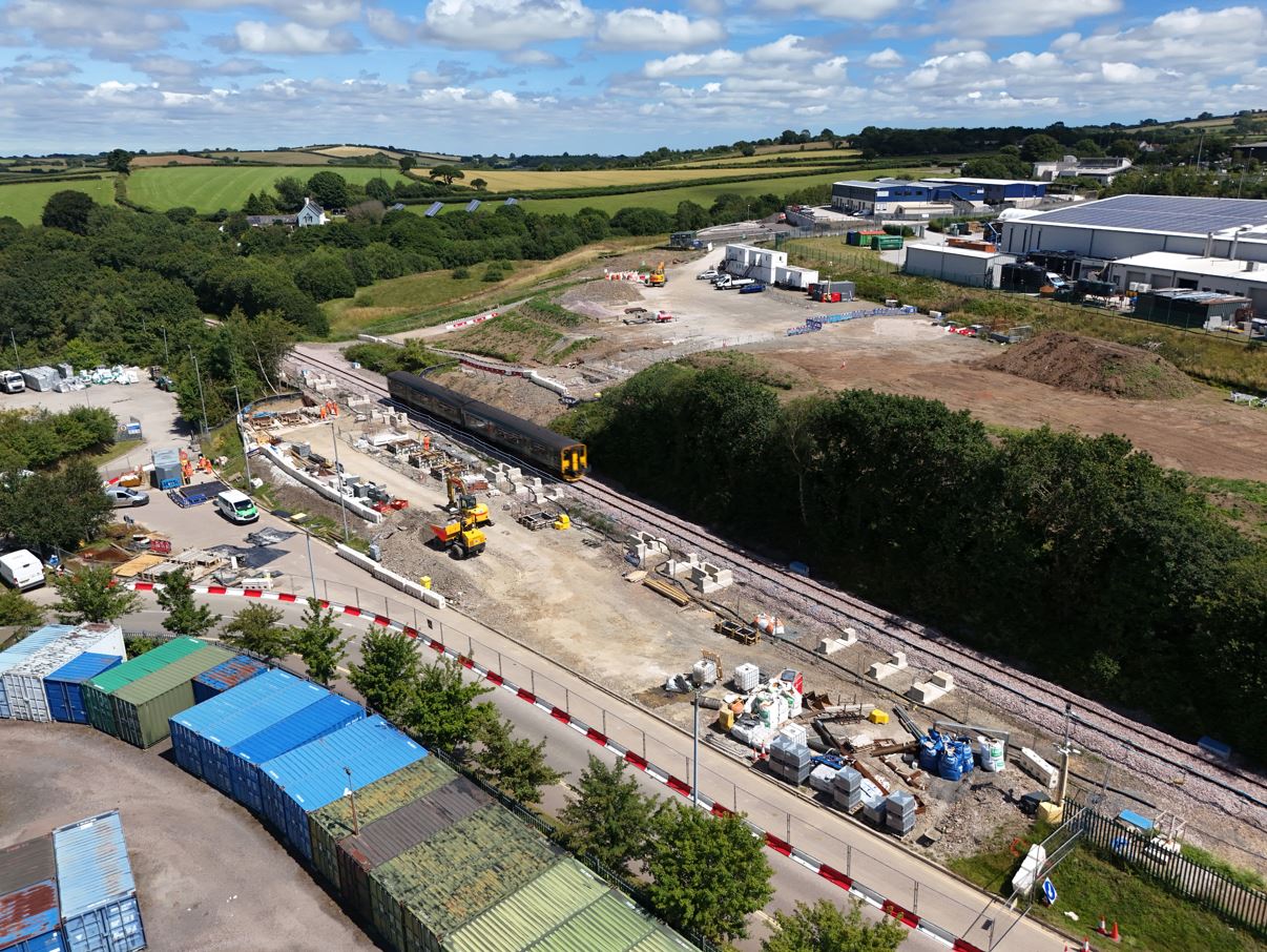 Train at the under-construction Okehampton Interchange station